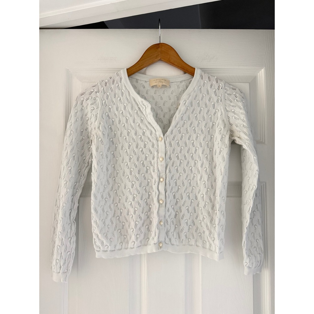 Sezane Textured Cotton White Cardigan Preppy Casual